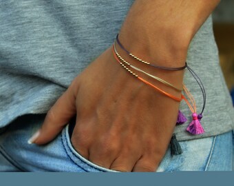Friendship bracelet , Eight 14K solid gold tiny beads Bracelet, Strength Bracelet, Tiny tassel, Adjustable, Sisters, Mother, gift