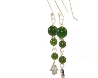 Dainty Hamsa Symbol Greenstone Earrings - Delicate nephrite Jade Drops