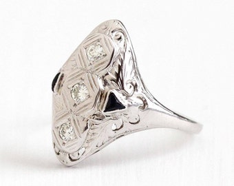 Sale - Diamond Shield Ring - Antique 18K White Gold & Created Blue Sapphire Filigree - Size 6 3/4 Vintage Art Deco 1920s Statement Jewelry