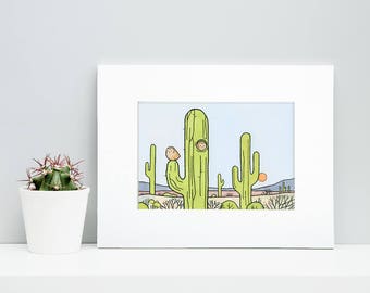 Desert Cactus Illustration - Elf Owls Art Print