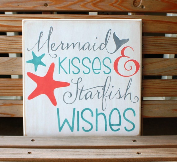 MERMAID KISSES & STARFISH Wishes - 12 x 12 - Painted Wooden Sign - Beach Decor - Mermaid Decor - Bathroom Decor - Hand Painted - Wood