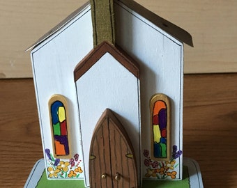 Wooden miniature church handmade 3 dimensional stands 5 inches from top to bottom. Great gift for the communicant, can be personalized.