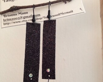 Black sparkle ribbon, crystal and genuine white pearl earrings