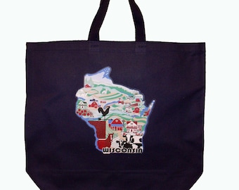 Wisconsin canvas grocery tote bag, market bag, reusable shopping bag, agriculture, country style, farm landscape, 003