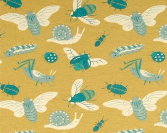 Birch - KNIT - Organic - Acorn Trail - Bugs - Teagan White - Gold - Teal - By the half yard and full yard