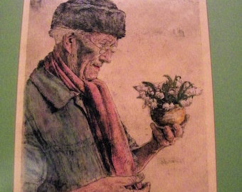 PAUL GEISSLER Colored Etching (German,1881-1965) - 1951 or 54-"The First Snowdrop"