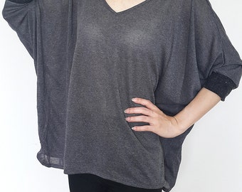 SC017: Dark Gray Women Blouse, Oversized Tee, Dolman Sleeve Top, Oversized Top, V Neck Tee, Ladies Tshirt, Casual Chic Women Top, Gray Tee