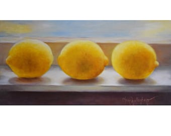 Three Yellow Lemons Kitchen Still Life, 10x20 Canvas Art, Original by Cheri Wollenberg