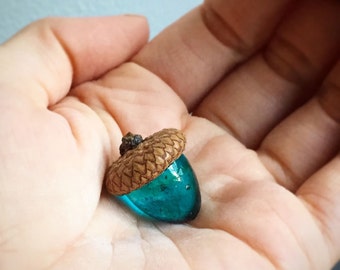 Acorn Christmas Ornament handmade glass OOAK - unique art object small sculpture window sun catcher aqua blue pretty aquamarine