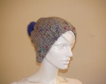 Winter Hat. Grey Soft Hat with Blue Pon Pon.