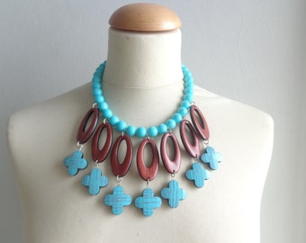 Turquoise brown statement necklace bib necklace large necklace chunky necklace
