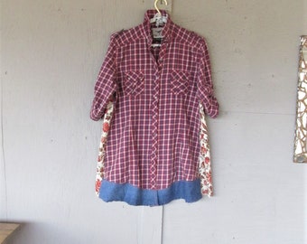 upcycled clothing plaid patchwork tunic spring Romantic shirt dress wearable art X L Boho Bohemian recycled reclaimed LillieNoraDryGoods