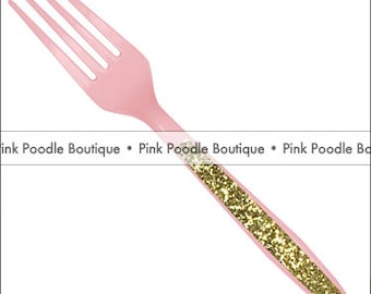 Sparkle SPOONS (12 pc) -- Pastel/Baby Pink Plastic Utensils with Gold or Silver Glitter