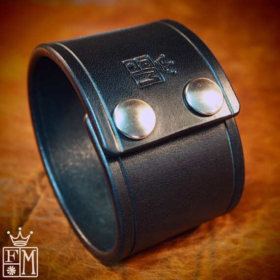 Black Leather cuff bracelet Bridle Custom wristband Scribed slickest edges Handmade for YOU in USA by Freddie Matara