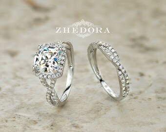 Princess Cut Engagement Ring Square Halo Ring Sterling Silver Twisted Bridal Set Princess Cut Ring Matching Twisted Band Wedding Set