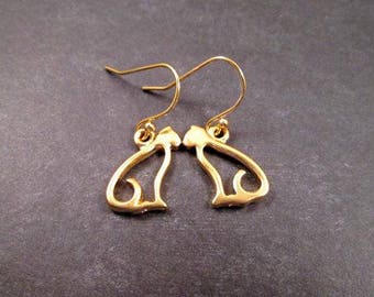 Gold CAT Earrings, On Little Cat Feet, Gold Dangle Earrings, FREE Shipping U.S.