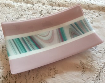 Fused Glass Platter, Mauve White Teal Art Glass Dish, Glass Serving Tray