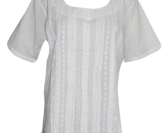 Womens Tunic Shirt White Button Down Hand Embroidered Summer Cover Up Blouse Top L