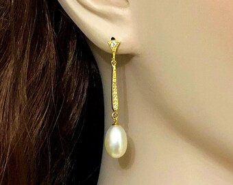 Freshwater Pearl Bridal Earrings, Pearl Drop Wedding Earrings, Cz Wedding Jewelry, Gatsby Bridal Jewelry, Art Deco Earrings, LUSTER
