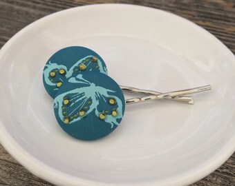 Teal butterfly bobby pins, fabeic covered hairpins, button bobby pins, nature lover, butterflies, hair accessories