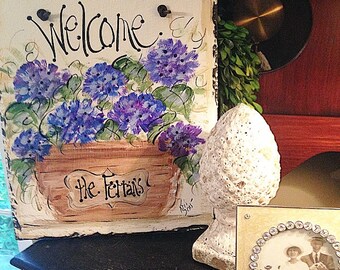 Hydrangea welcome sign 10x12 original hand painted slate
