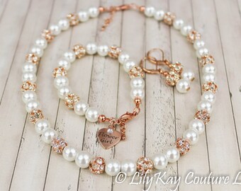 Flower Girl Bracelet, Flower Girl Jewelry, Rose Gold Flower Girl, Rose Gold, Pearl Jewelry Set, Rose Gold Flower Girl Bracelet, Flower Girl