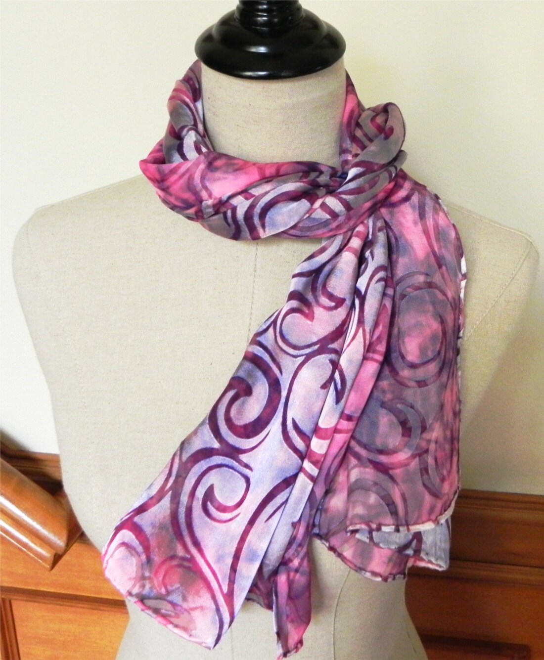 Hand dyed silk scarf in burgundy purple and magenta is ready
