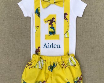 Curious George Smash Cake Outfit, Curious George Birthday Outfit, Curious George Bodysuit with suspenders bow tie and diaper cover