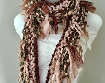 sale silk scarf, handknit, recycled silk scarf, beige brown
