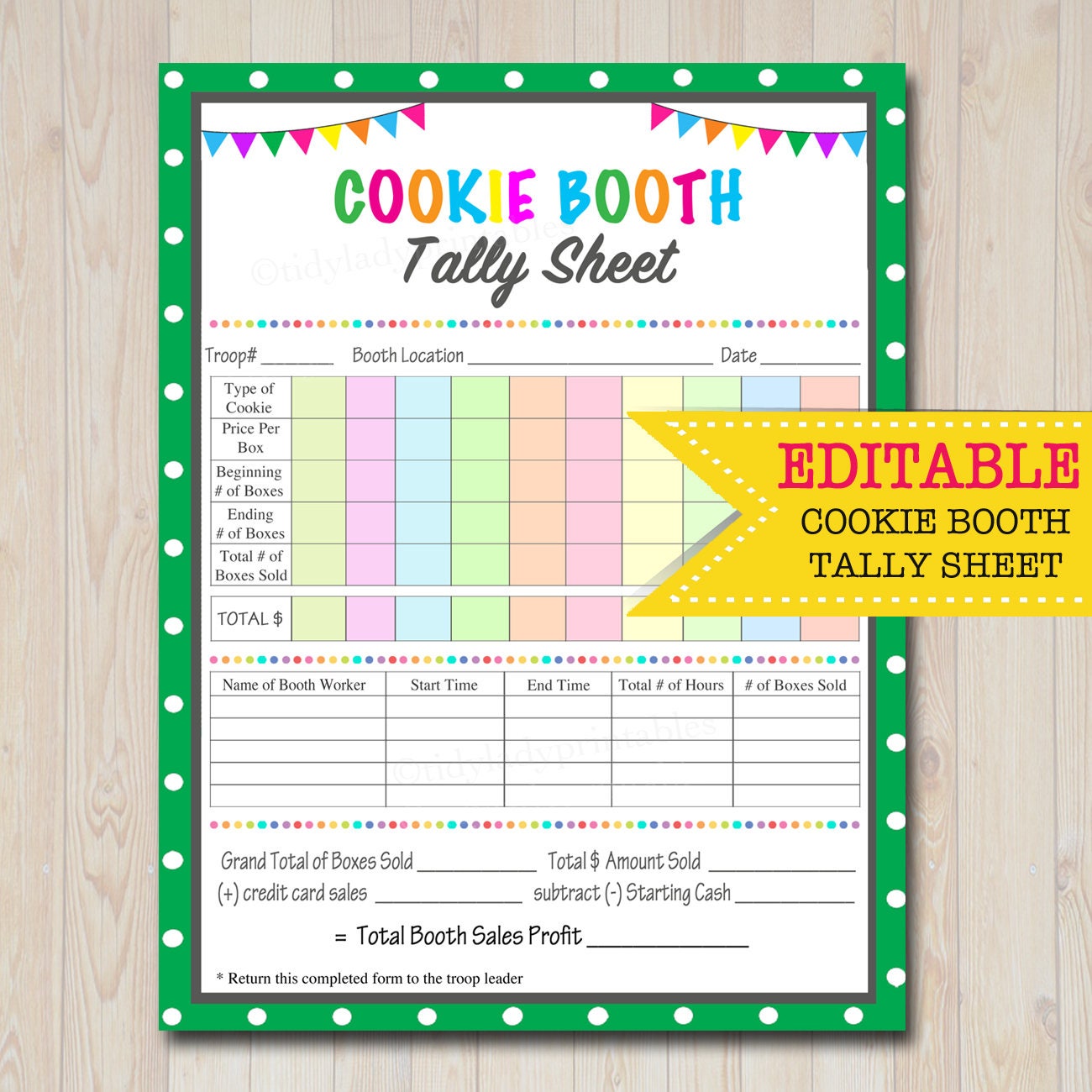 EDITABLE Cookie Booth Tally Sheet INSTANT DOWNLOAD Troop