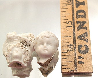 2 Small Heads Boy & Girl Antique German Doll Parts Figurines Mixed Media Art Assemblage Art Projects Lot A2