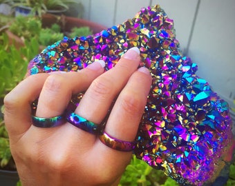 SALE Rainbow Titanium Steel Ring, Ring Size 7, 8, 9, 10, 11, 12, 13 Aura Crystal, Mens Ring, Womans Ring, Promise, Metallic, Hematite