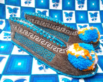 Greek Slippers Size 45 / UK11 / wool / leather / pompom