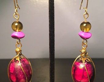Wave-Wrapped Wooden Bead Dangle Gemstone Earrings