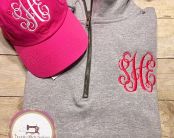 Monogrammed pullover, personalized quarter zip sweatshirt, monogrammed baseball hat, ballcap, plus size available, gift under 30