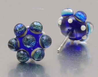 Stud earrings - Blue storm - lampwork glass - sterling silver