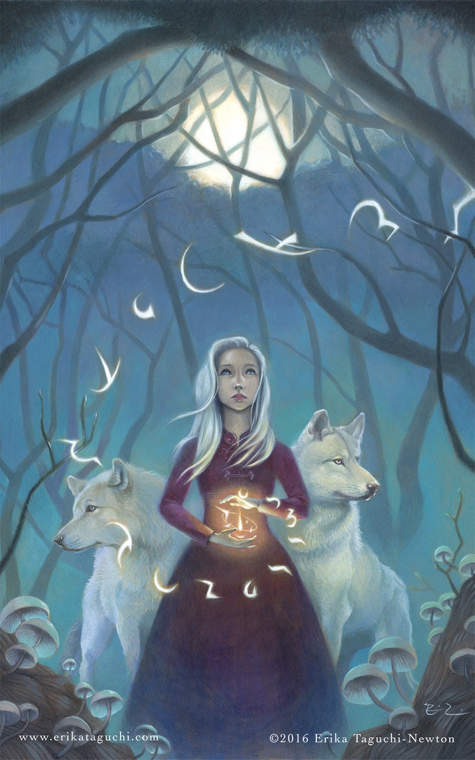 Girl With Wolves Art 11x17 Magical Forest Painting White Hair