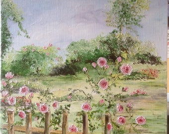 Palette knife oil painting "flowered fence" table bucolic English garden