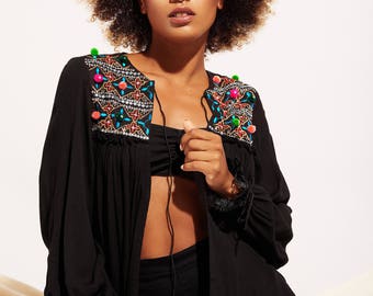 Black mexican jacket, Black embroidered jacket, Etnic jacket, jacket with pompom. Boho jacket, summer jacket, Gift for her