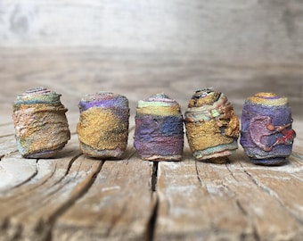 5 Handmade Fabric Beads - Fiber Art Beads - Textile Art Beads - Hippie Boho Bead - Focal Beads
