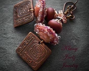 Copper Handmade Tribal Charms and Glass Lampwork Beaded Earrings-Artisan Lampwork Earrings-PMC Earrings-Tribal-Bohemian Earrings-SRAJD