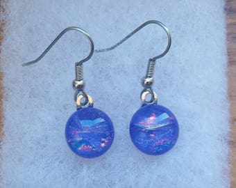 Blue and Pink dichroic glass earrings, Fused glass jewelry, Blue glass earrings, Dangle earrings, Kiln fired glass earrings, EA146