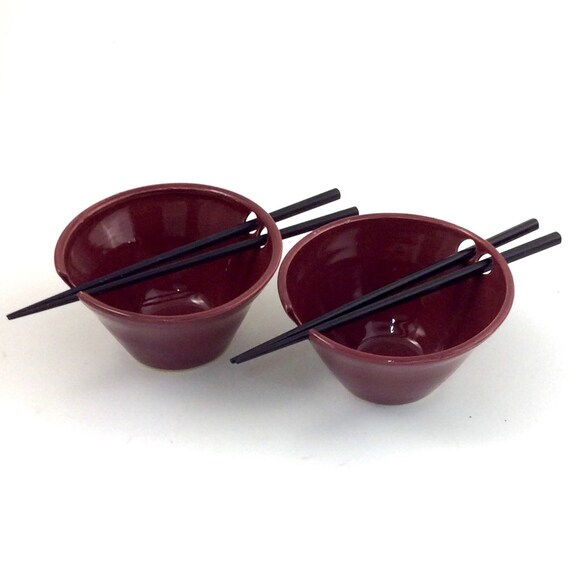 Set of Two Burgundy Rice Bowls with Chopstick Holders