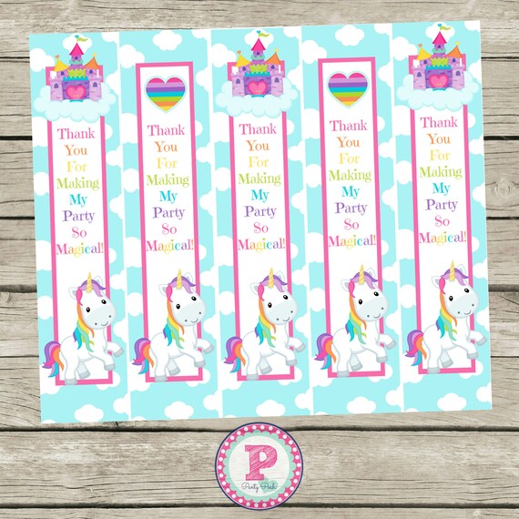unicorn rainbow birthday party bookmarks blue pink rainbows