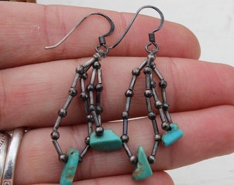 Vintage Native American Old Pawn Navajo Sterling Silver Southwestern Chunky Turquoise and Coral Dangle Earrings