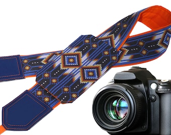 Indian camera strap with pocket. Ethnic Camera strap. Inspired by Native Americans camera strap. Yellow. Blue. Bright. Holiday gifts.