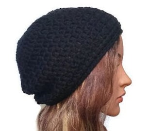Black beanie , crochet beanie hat . Women's beanie hat . Slouch beanie . Crochet hat . Winter hat.