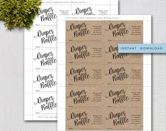 Printable Diaper Raffle Tickets, Script Diaper Raffle Ticket, White and Kraft Instant Download