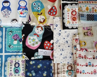 Girls Japanese Kawaii Fabric DESTASH LOT 10 Kids Quilting Cotton and Linen Scraps Fat Quarters and Larger Russian Dolls Rare, HTF Matroyshka