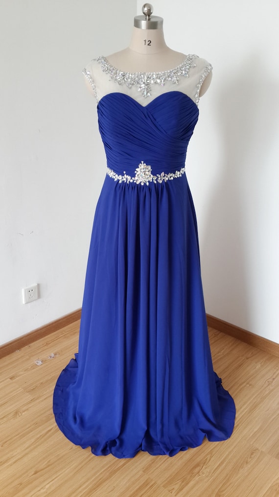 2015 Gorgeous V-back Royal Blue Chiffon Beaded Long Prom Dress